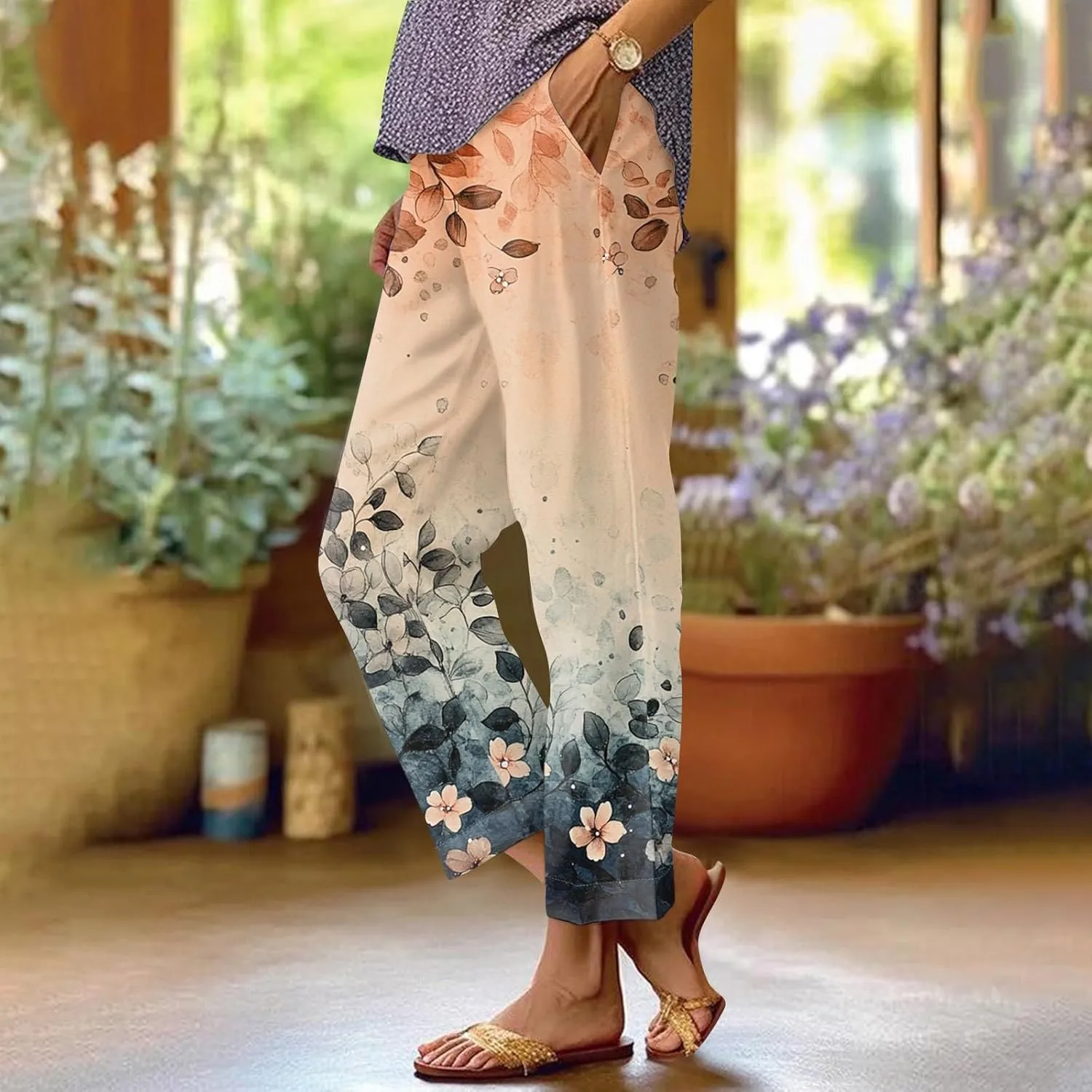 Womens Pants Casual Boho Floral Print Cotton Linen Pants Elastic Waisted Summer Beach Vacation Trouser with Pockets