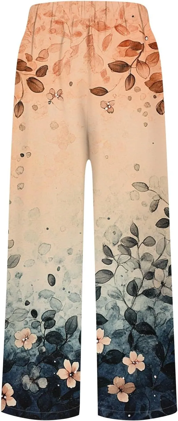 Womens Pants Casual Boho Floral Print Cotton Linen Pants Elastic Waisted Summer Beach Vacation Trouser with Pockets