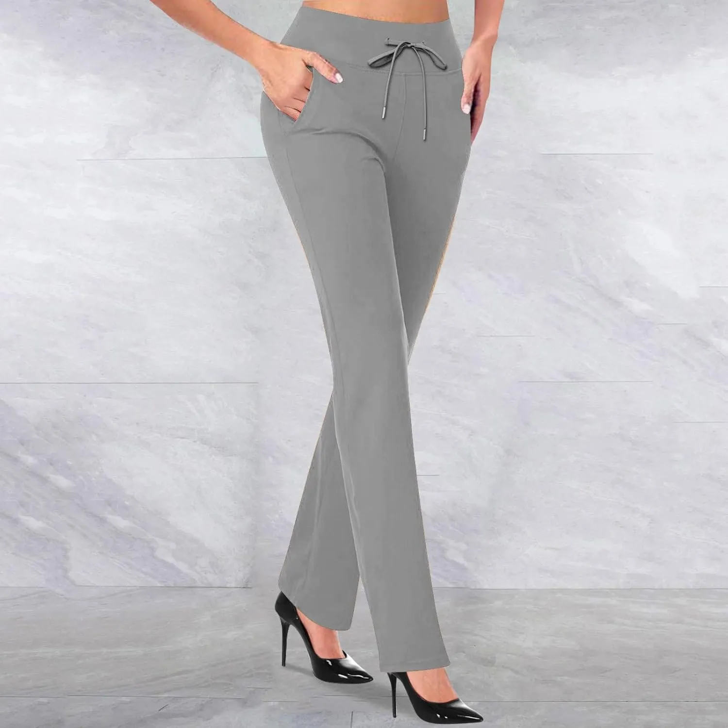 Women's Pants for Work High Waist Yoga Dress Pants Business Casual Stretch Wide Leg Flared Trousers with Pockets
