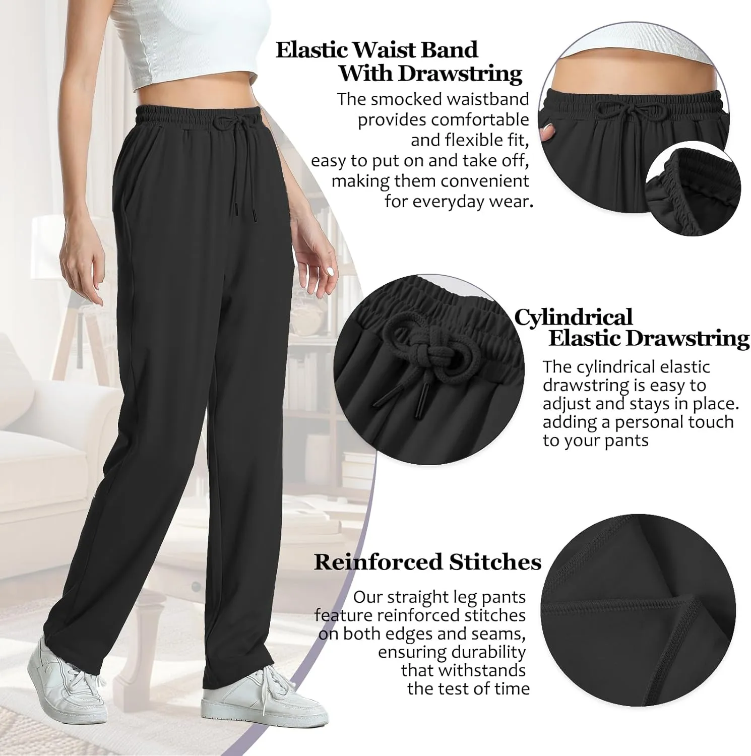 Womens Pants Straight Leg Sweatpants for Women Elastic Waist Work Pants Baggy Casual Drawstring Lounge Pants