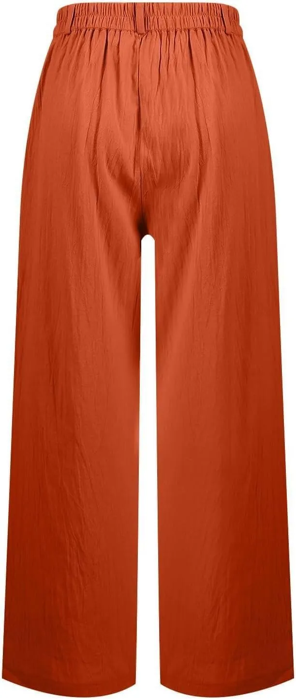 Women's Pull On High Waist Wide-Leg Pants Button Down Straight Long Trousers Slack Flowy Palazzo Pant with Pocket