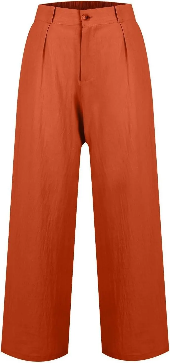 Women's Pull On High Waist Wide-Leg Pants Button Down Straight Long Trousers Slack Flowy Palazzo Pant with Pocket
