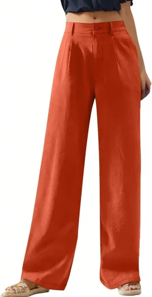 Women's Pull On High Waist Wide-Leg Pants Button Down Straight Long Trousers Slack Flowy Palazzo Pant with Pocket