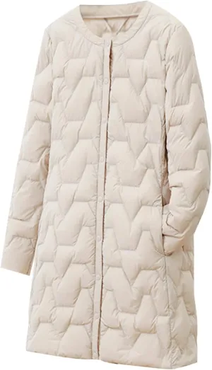Womens Quilted Lightweight Puffer Jacket Snap Button Midi Length Coats Casual Solid Collarless Winter Warm coat