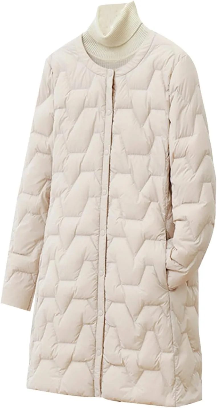 Womens Quilted Lightweight Puffer Jacket Snap Button Midi Length Coats Casual Solid Collarless Winter Warm coat