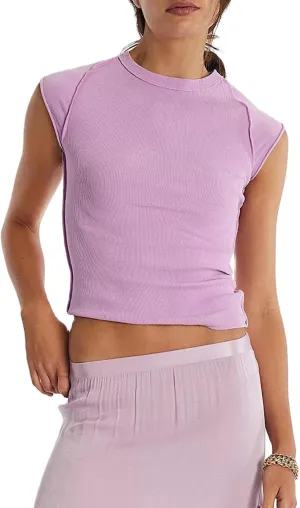 Womens Ribbed Tank Tops Cap Sleeve Summer T Shirt Slim Fitted Knit Basic Tee Shirts Y2k Trendy Crop Top 2025 Streetwear