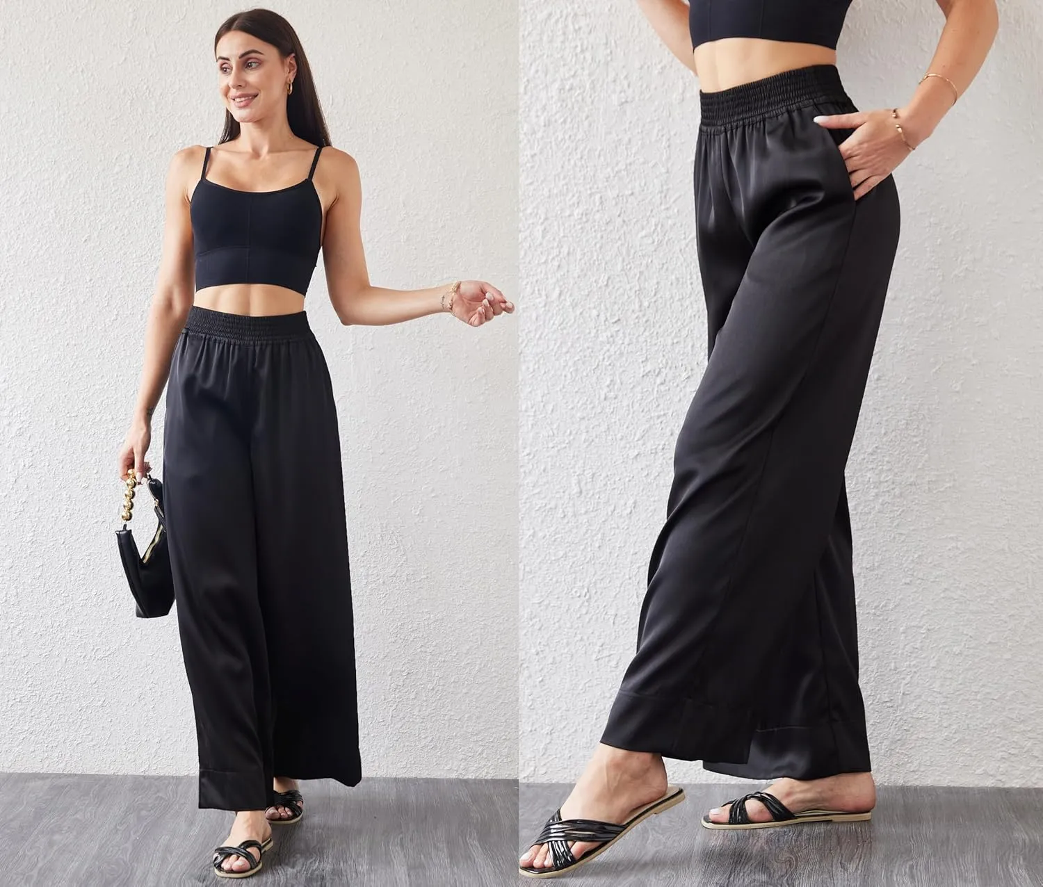 Women's Satin Wide Leg Palazzo Pants Silky Elastic Waist Party Nightout Dress Casual Slacks Flowy Pants
