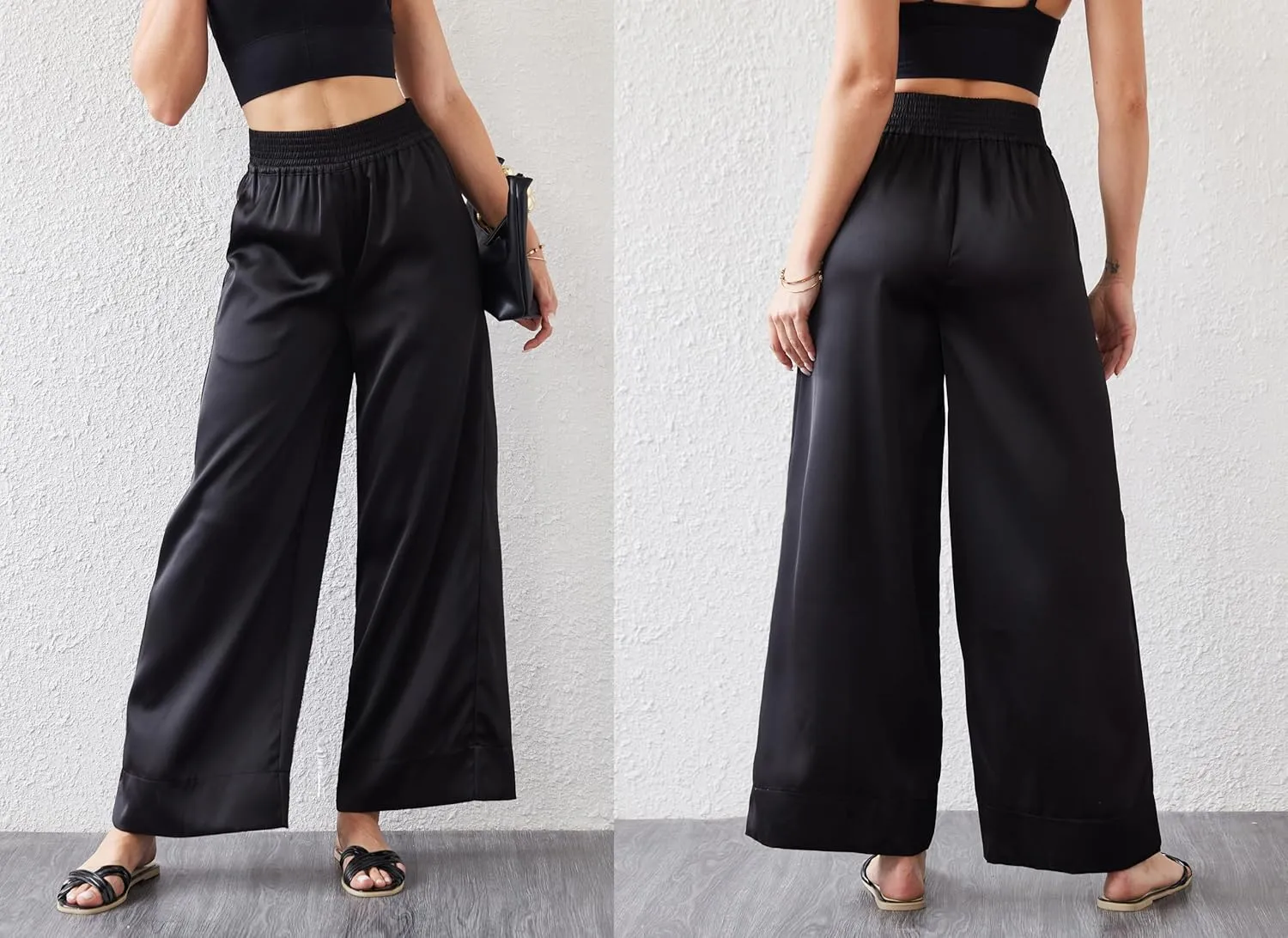 Women's Satin Wide Leg Palazzo Pants Silky Elastic Waist Party Nightout Dress Casual Slacks Flowy Pants