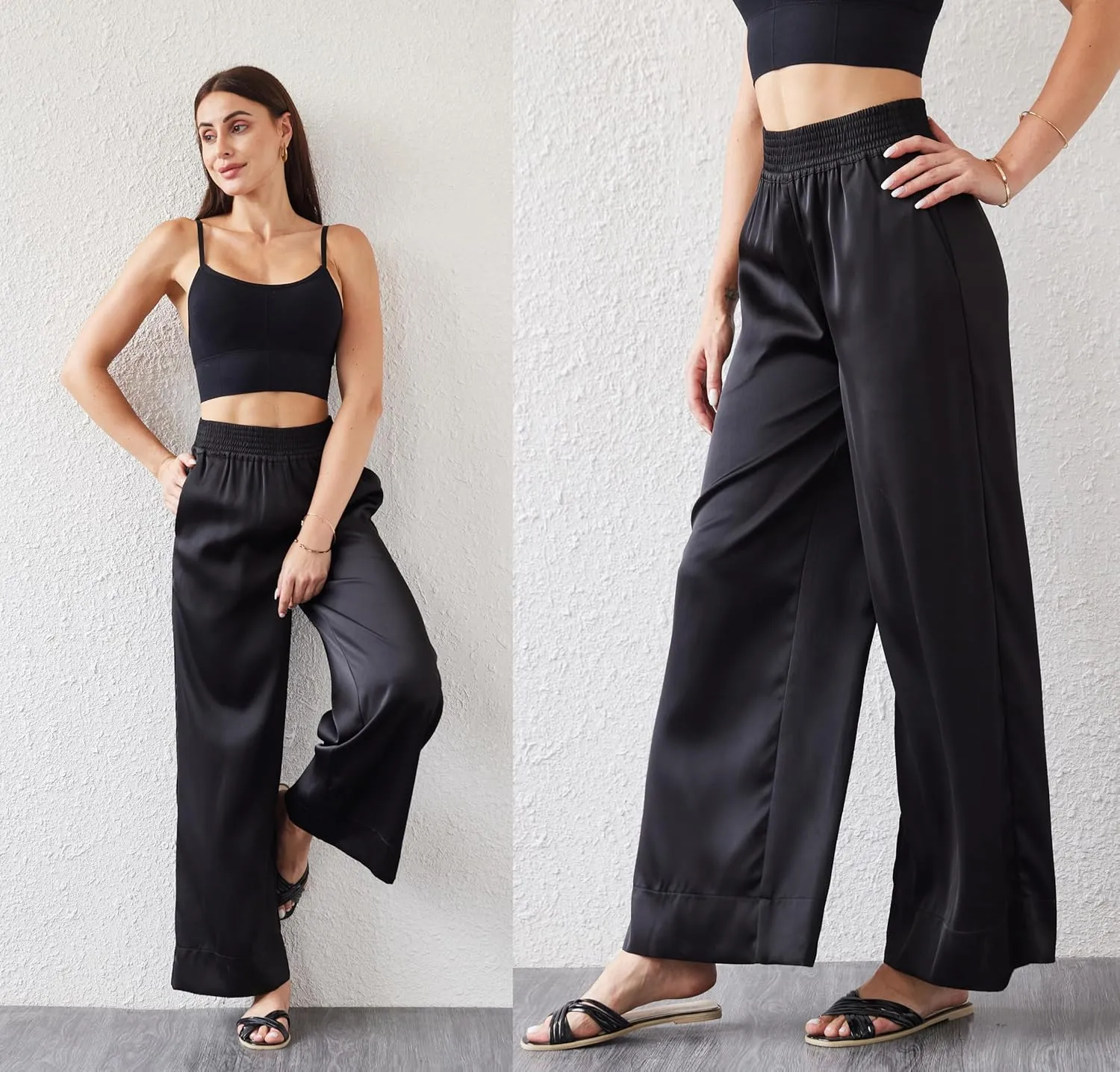Women's Satin Wide Leg Palazzo Pants Silky Elastic Waist Party Nightout Dress Casual Slacks Flowy Pants