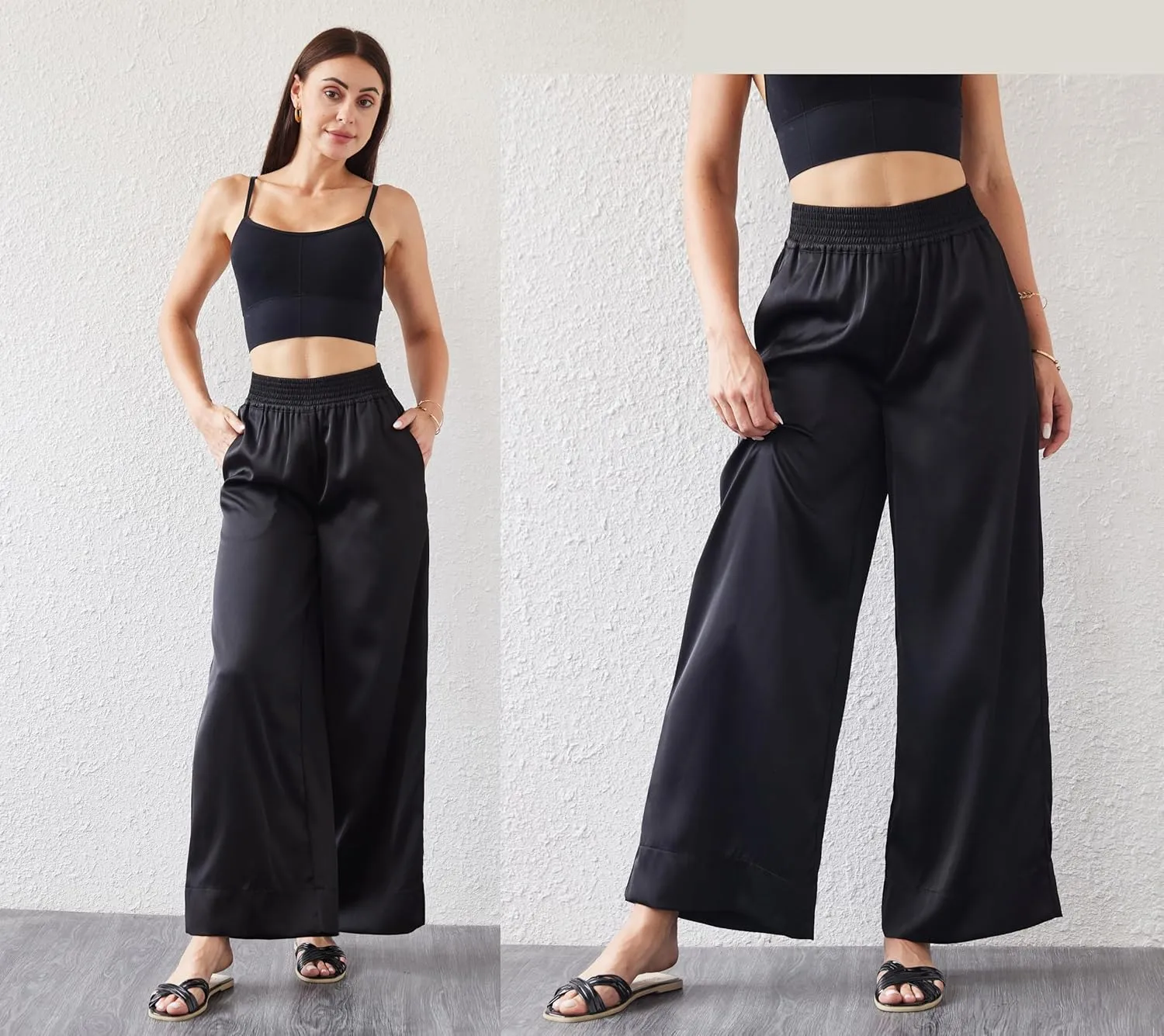 Women's Satin Wide Leg Palazzo Pants Silky Elastic Waist Party Nightout Dress Casual Slacks Flowy Pants
