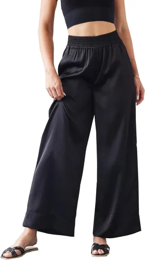 Women's Satin Wide Leg Palazzo Pants Silky Elastic Waist Party Nightout Dress Casual Slacks Flowy Pants