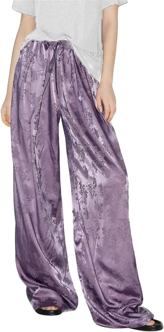 Women's Satin Wide Leg Pants Floral Textured Silky Casual Slacks High Waist Pants