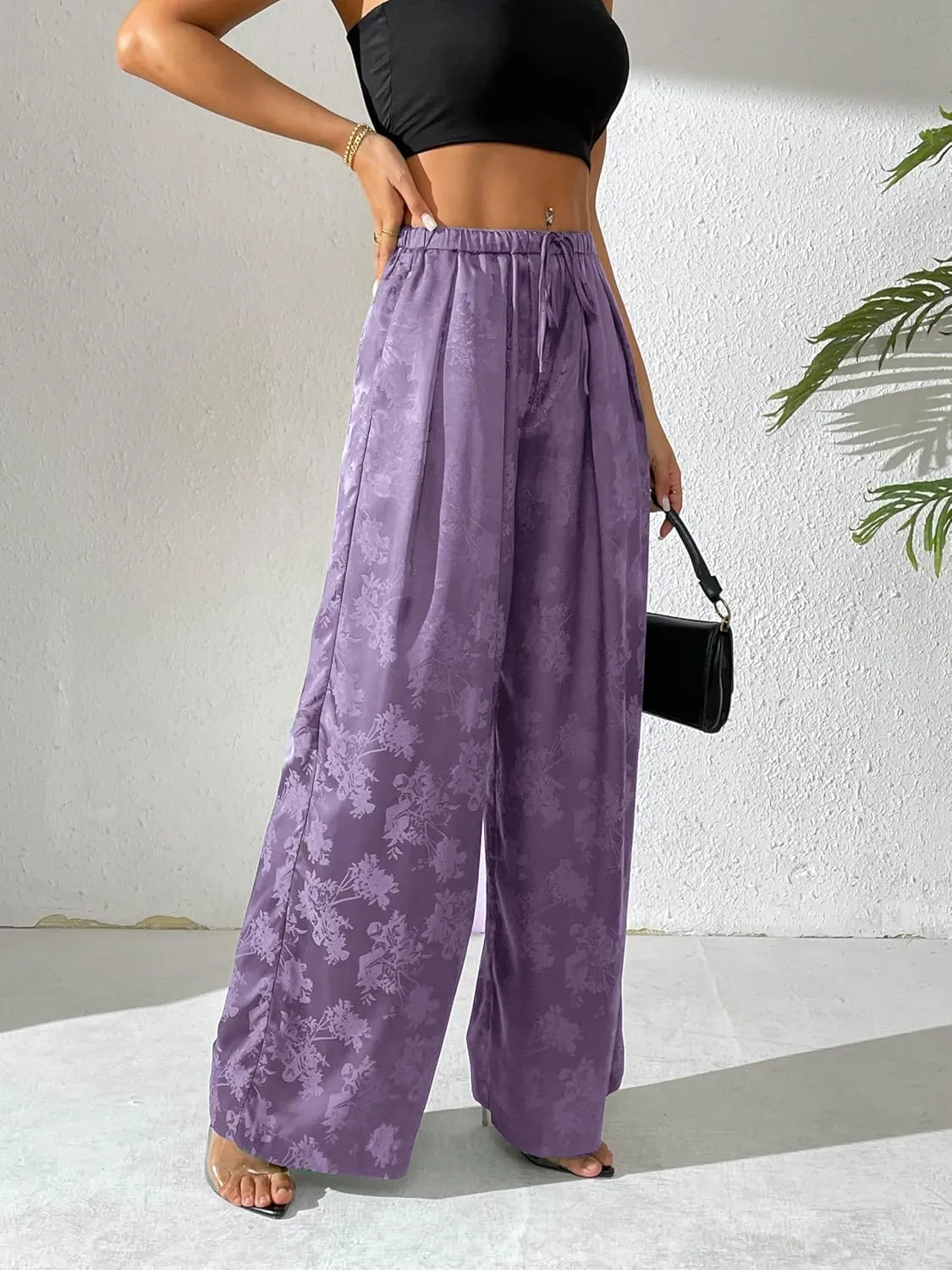 Women's Satin Wide Leg Pants Floral Textured Silky Casual Slacks High Waist Pants