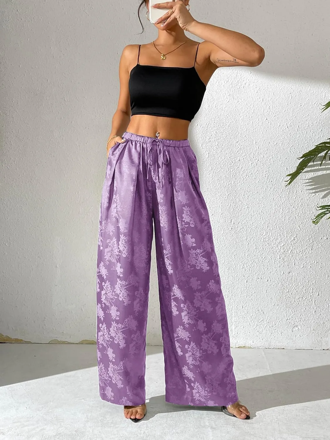 Women's Satin Wide Leg Pants Floral Textured Silky Casual Slacks High Waist Pants