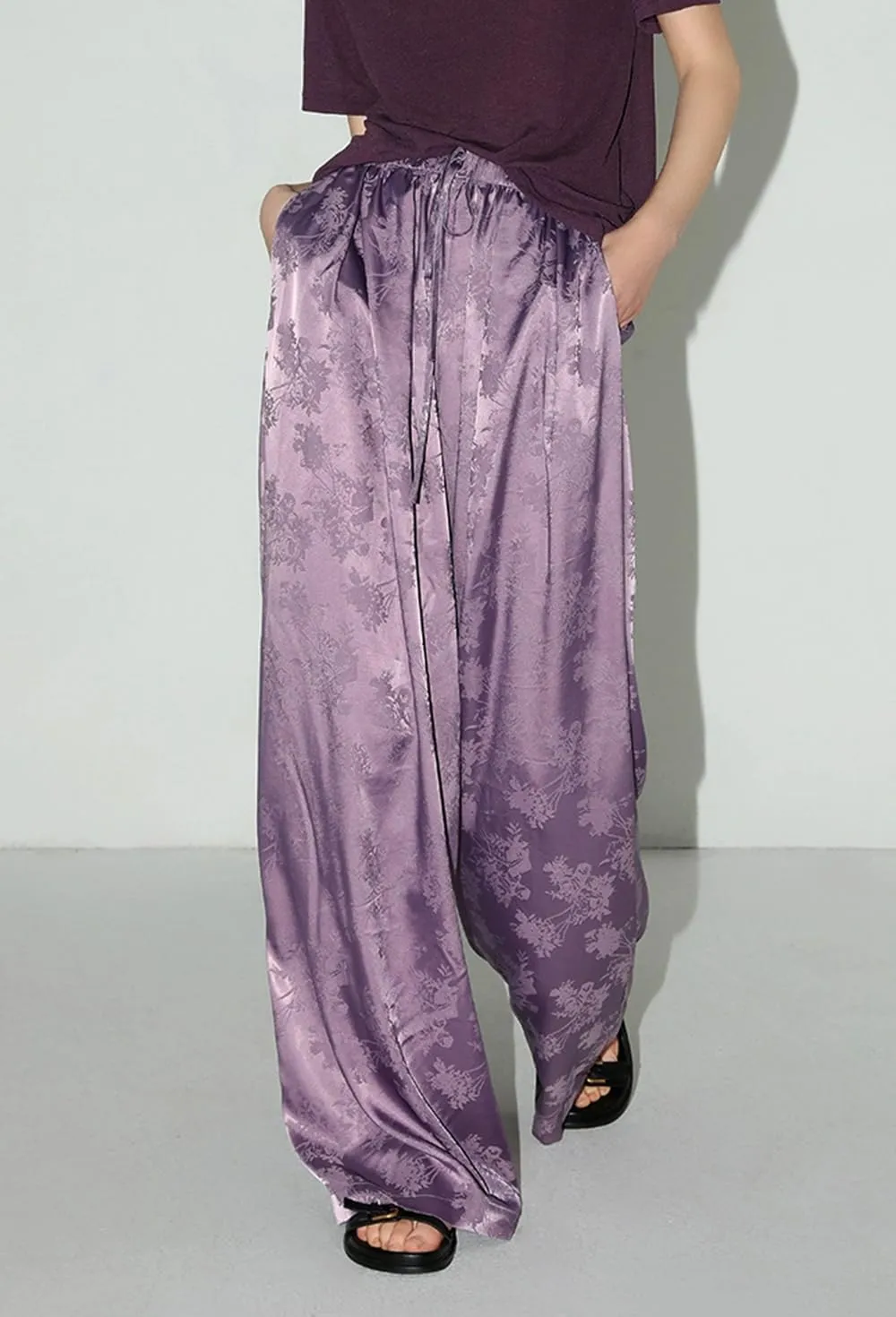 Women's Satin Wide Leg Pants Floral Textured Silky Casual Slacks High Waist Pants