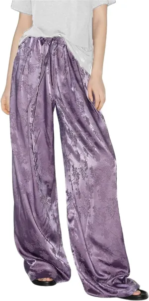Women's Satin Wide Leg Pants Floral Textured Silky Casual Slacks High Waist Pants