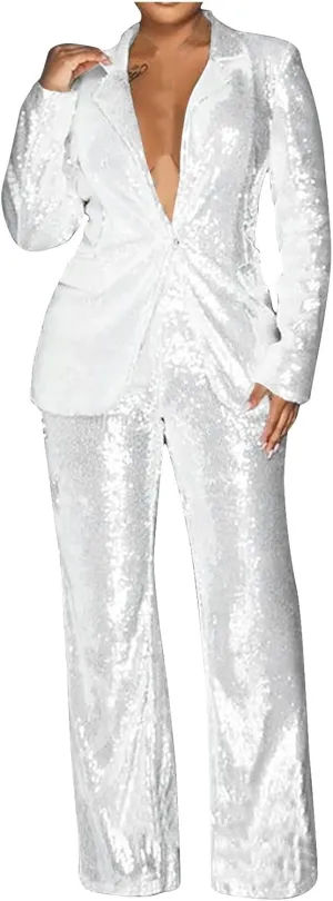 Women's Sequin Blazer Pant Suit Set for Party Night Shiny Slim Fit 2-Piece Outfit Glitter Sparkly Wide Leg Pants Suit