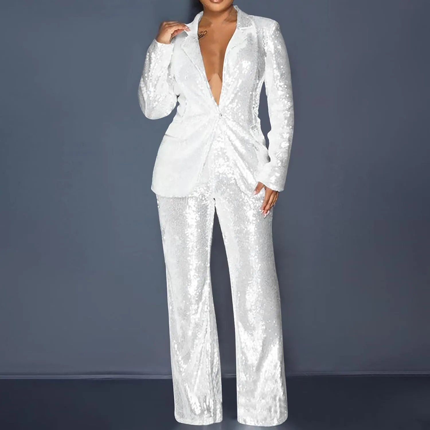 Women's Sequin Blazer Pant Suit Set for Party Night Shiny Slim Fit 2-Piece Outfit Glitter Sparkly Wide Leg Pants Suit