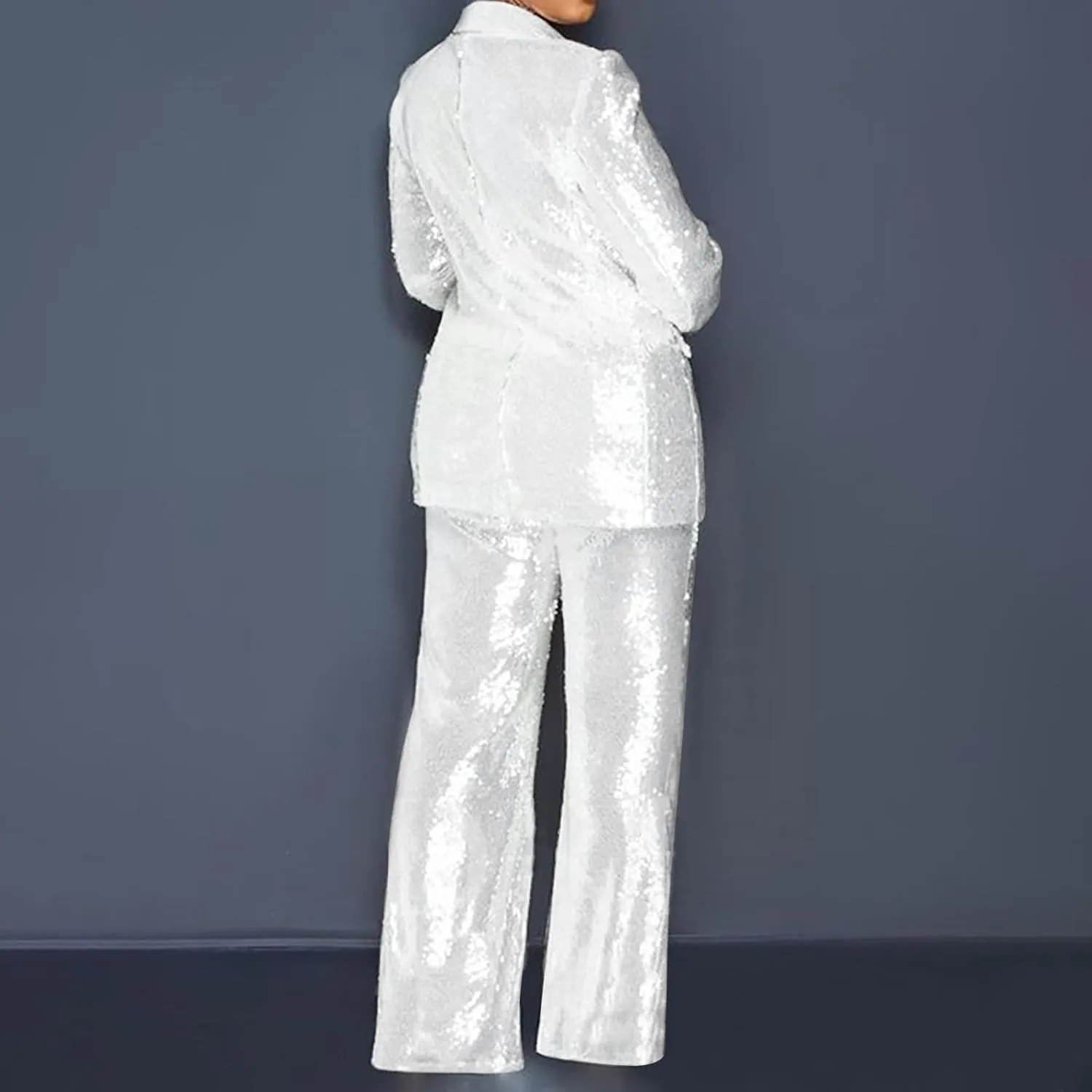 Women's Sequin Blazer Pant Suit Set for Party Night Shiny Slim Fit 2-Piece Outfit Glitter Sparkly Wide Leg Pants Suit