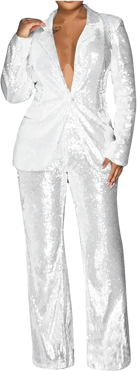 Women's Sequin Blazer Pant Suit Set for Party Night Shiny Slim Fit 2-Piece Outfit Glitter Sparkly Wide Leg Pants Suit