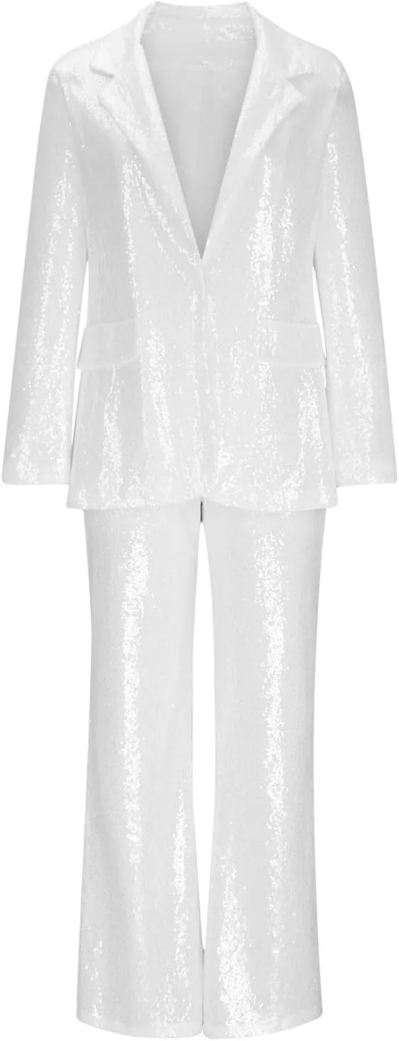 Women's Sequin Blazer Pant Suit Set for Party Night Shiny Slim Fit 2-Piece Outfit Glitter Sparkly Wide Leg Pants Suit