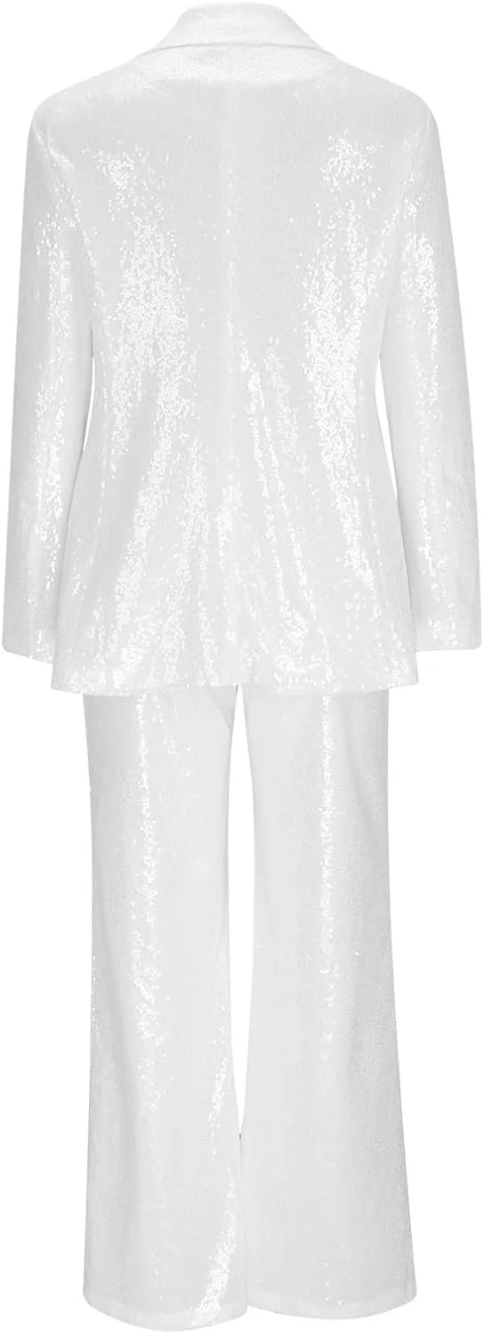 Women's Sequin Blazer Pant Suit Set for Party Night Shiny Slim Fit 2-Piece Outfit Glitter Sparkly Wide Leg Pants Suit