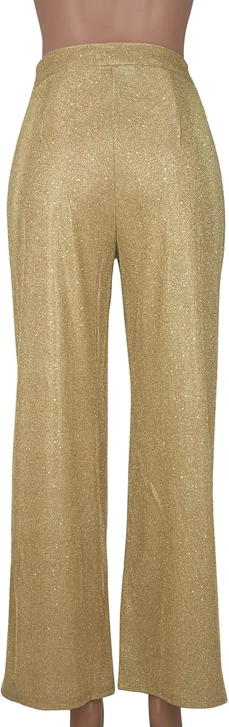 Women's Shiny Sequin Pants Fashion High Waisted Wide Leg Casual Pants Comfy Loose Fit Wrinkle Free Club Party Slacks