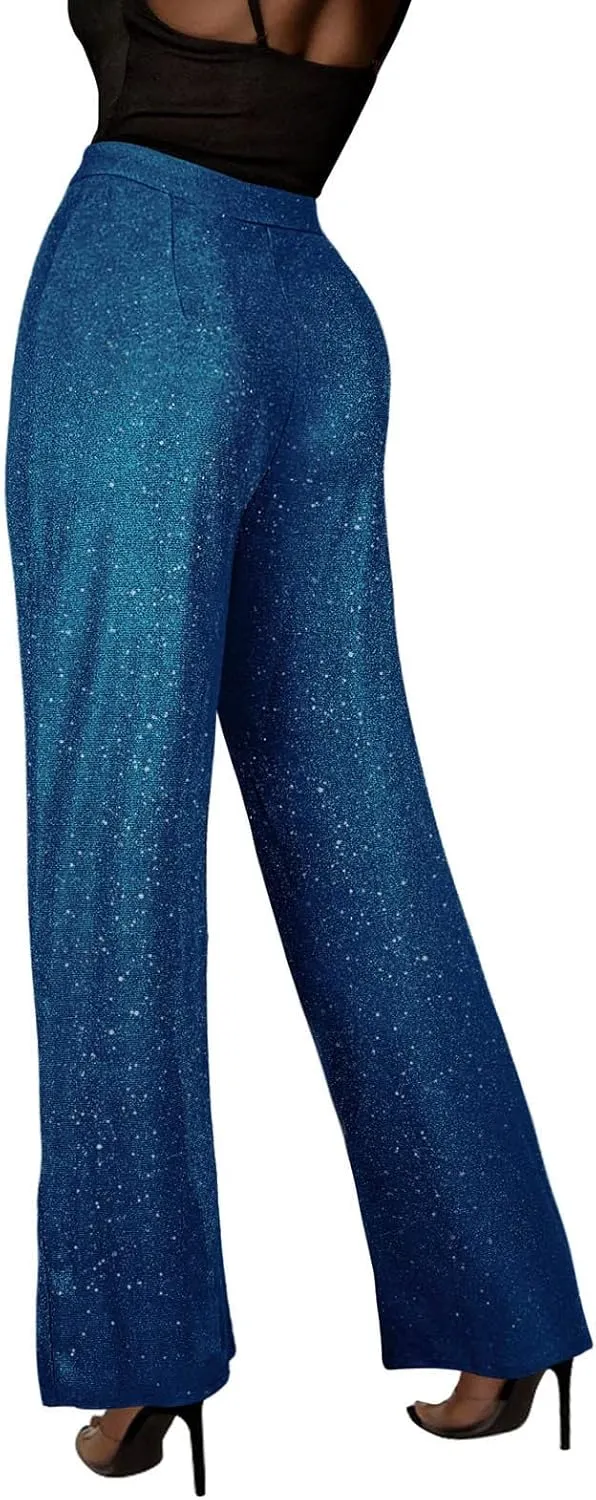 Women's Shiny Sequin Pants Fashion High Waisted Wide Leg Casual Pants Comfy Loose Fit Wrinkle Free Club Party Slacks