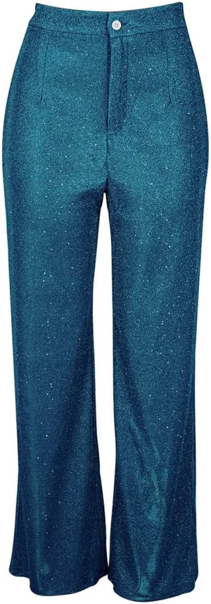 Women's Shiny Sequin Pants Fashion High Waisted Wide Leg Casual Pants Comfy Loose Fit Wrinkle Free Club Party Slacks