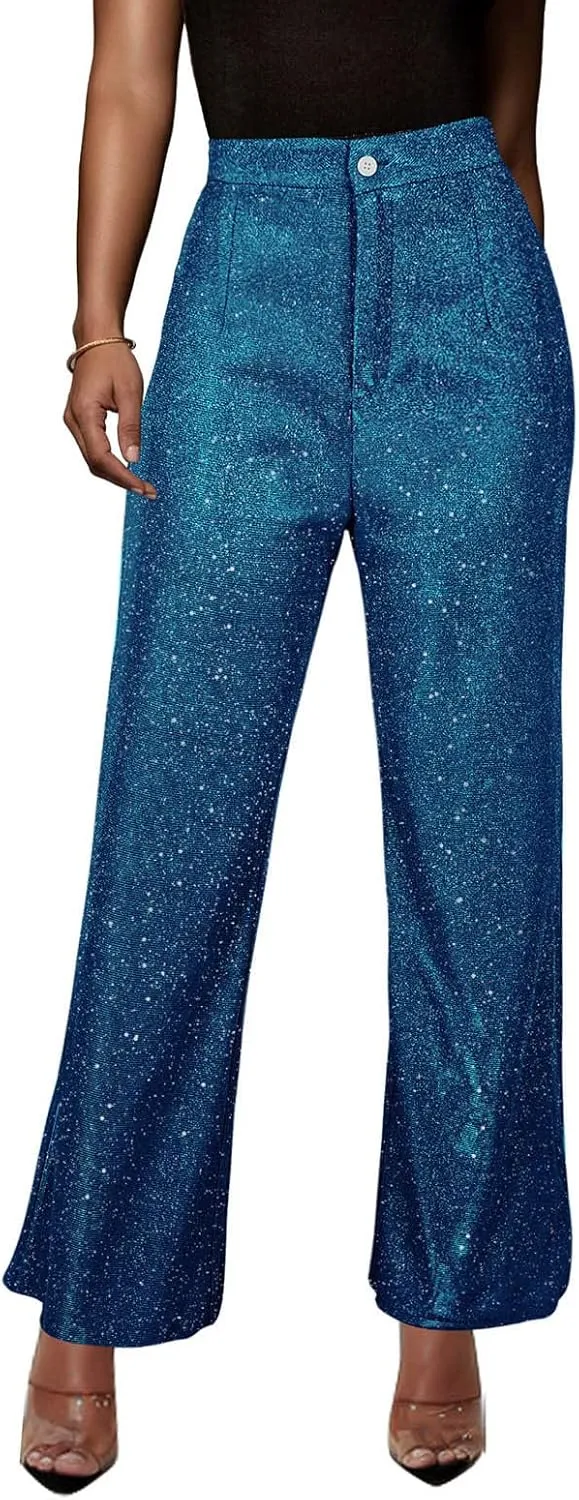 Women's Shiny Sequin Pants Fashion High Waisted Wide Leg Casual Pants Comfy Loose Fit Wrinkle Free Club Party Slacks