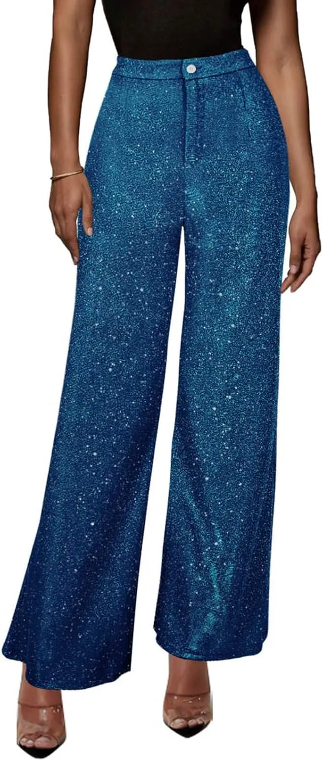 Women's Shiny Sequin Pants Fashion High Waisted Wide Leg Casual Pants Comfy Loose Fit Wrinkle Free Club Party Slacks