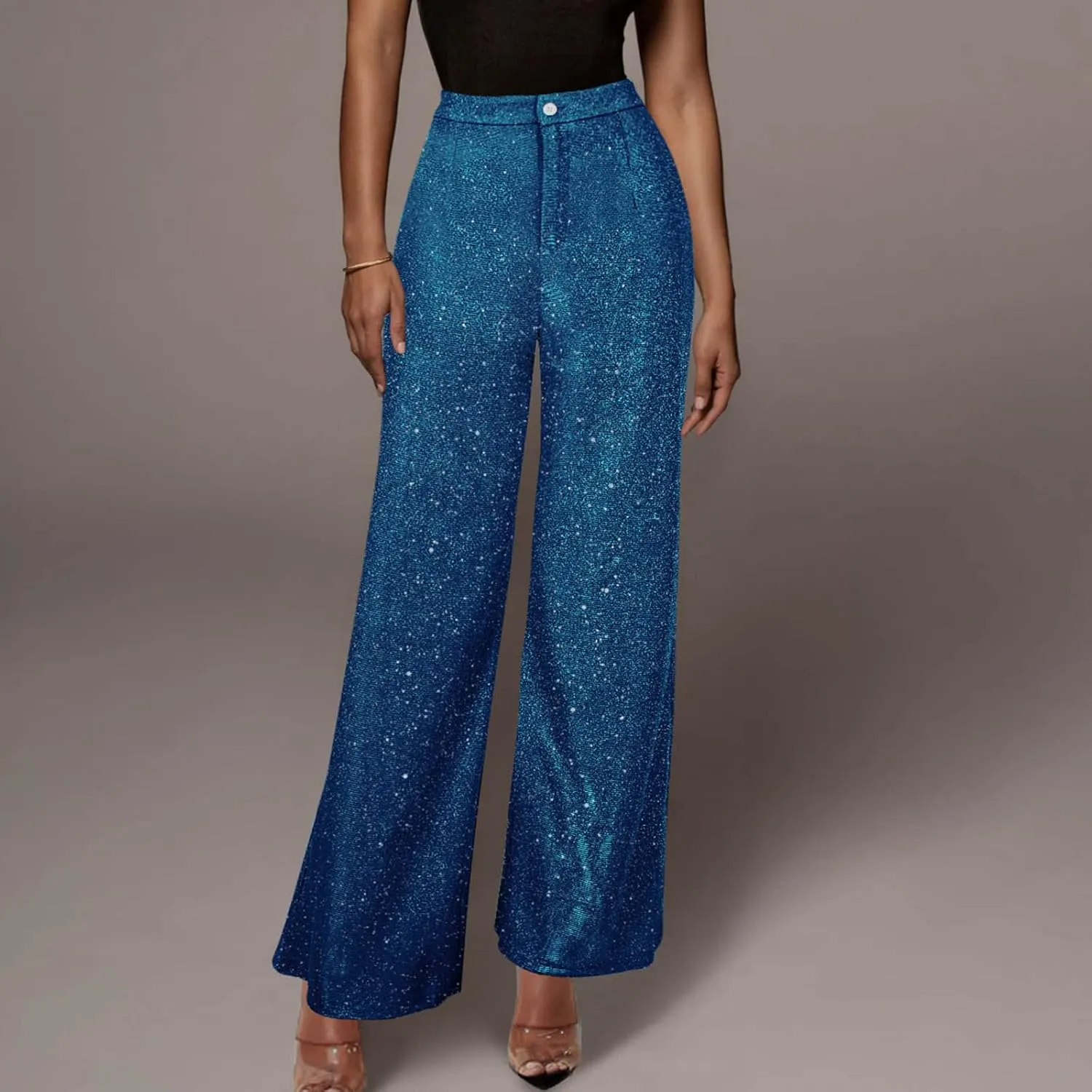 Women's Shiny Sequin Pants Fashion High Waisted Wide Leg Casual Pants Comfy Loose Fit Wrinkle Free Club Party Slacks