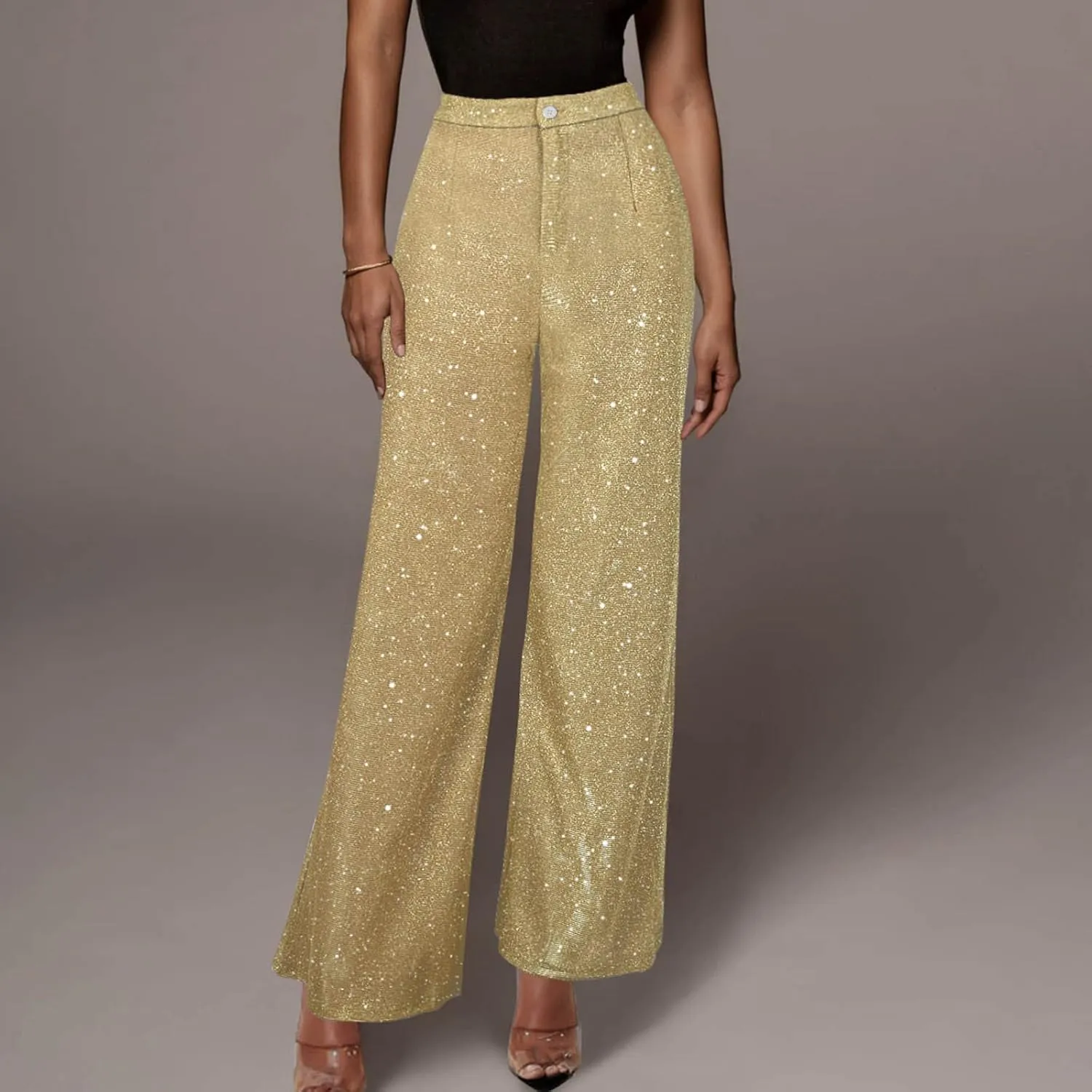 Women's Shiny Sequin Pants Fashion High Waisted Wide Leg Casual Pants Comfy Loose Fit Wrinkle Free Club Party Slacks