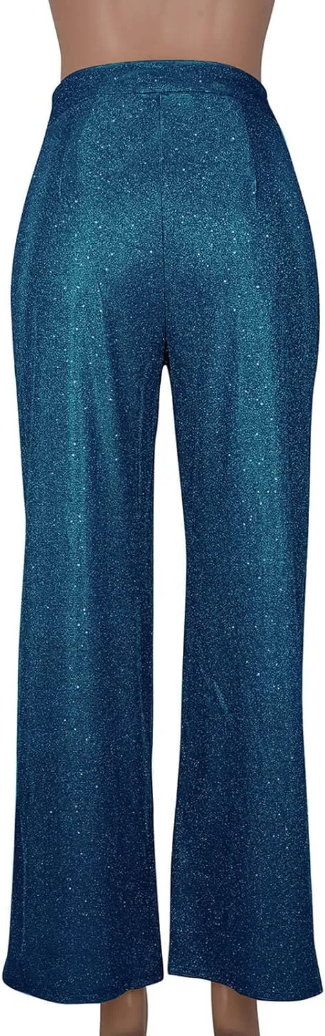 Women's Shiny Sequin Pants Fashion High Waisted Wide Leg Casual Pants Comfy Loose Fit Wrinkle Free Club Party Slacks