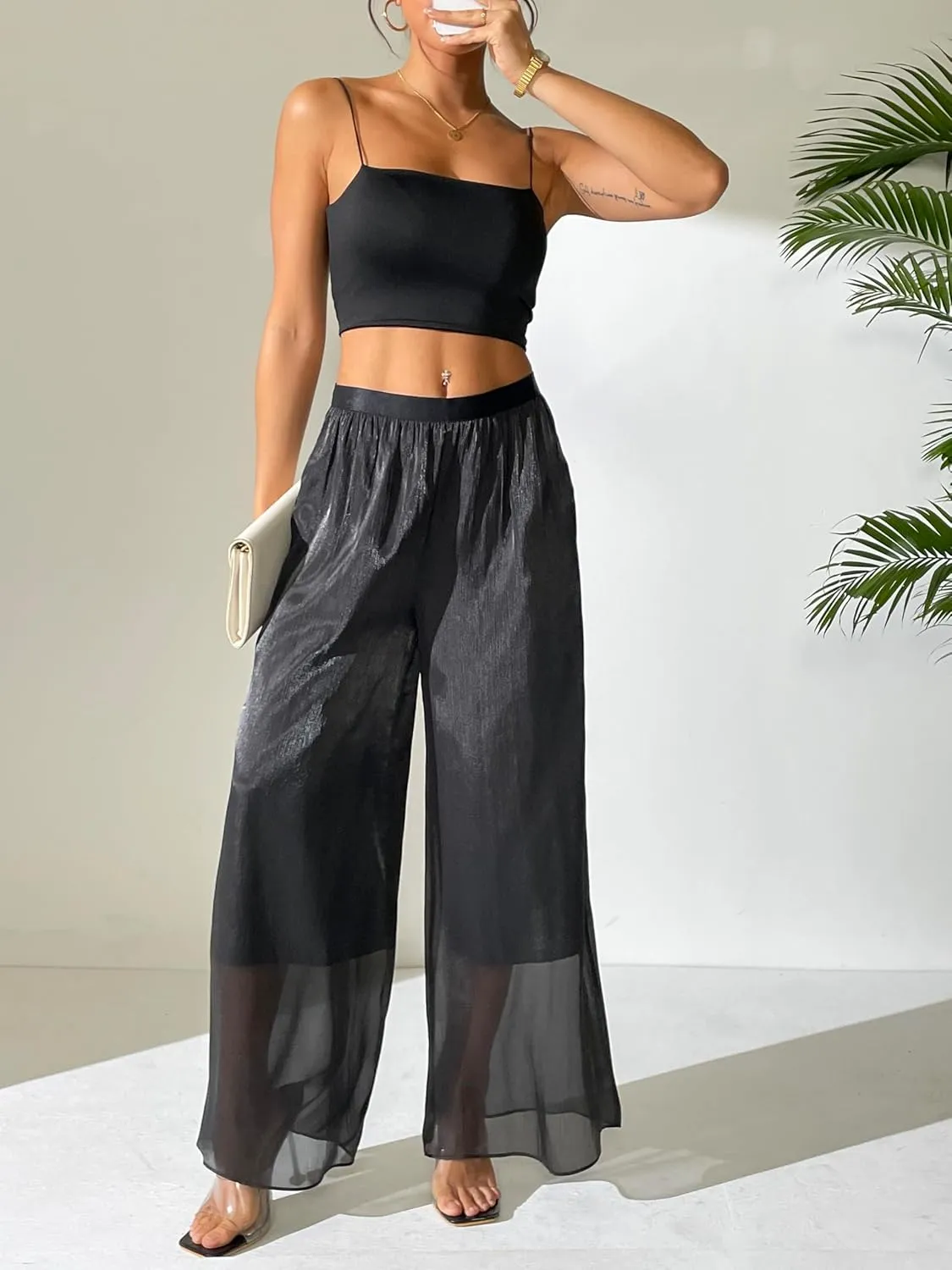 Women's Silky Shiny Wide Leg Palazzo Pants Chiffon Dressy Casual Slacks Trendy Pants