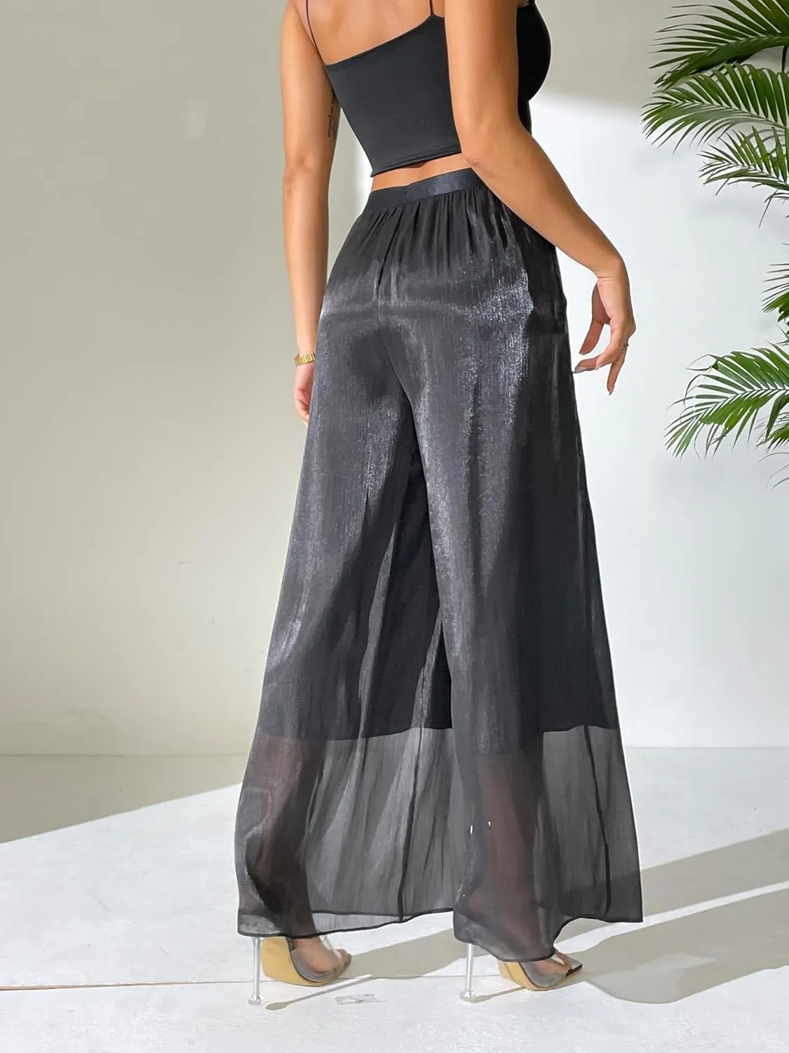 Women's Silky Shiny Wide Leg Palazzo Pants Chiffon Dressy Casual Slacks Trendy Pants