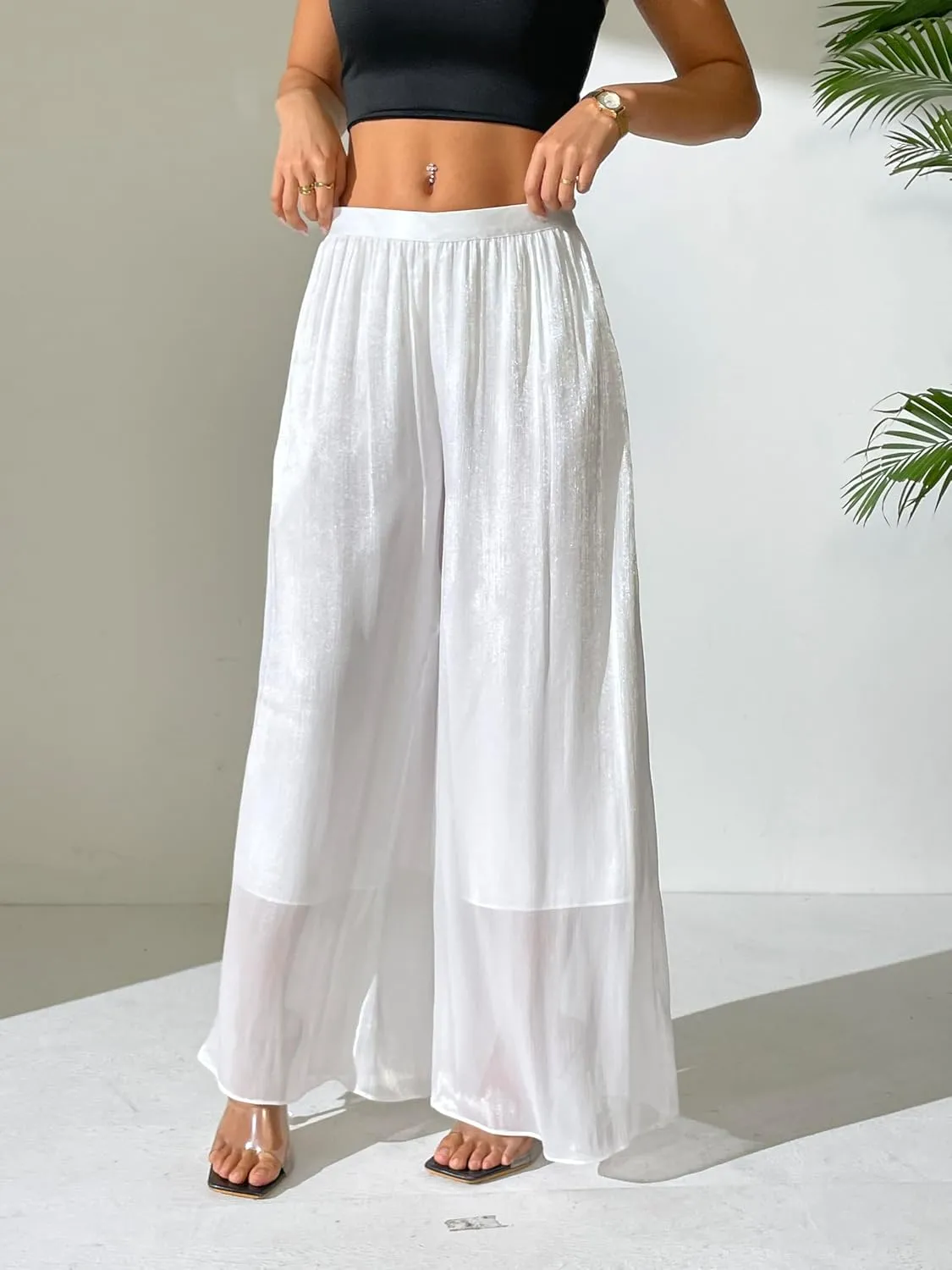 Women's Silky Shiny Wide Leg Palazzo Pants Chiffon Dressy Casual Slacks Trendy Pants