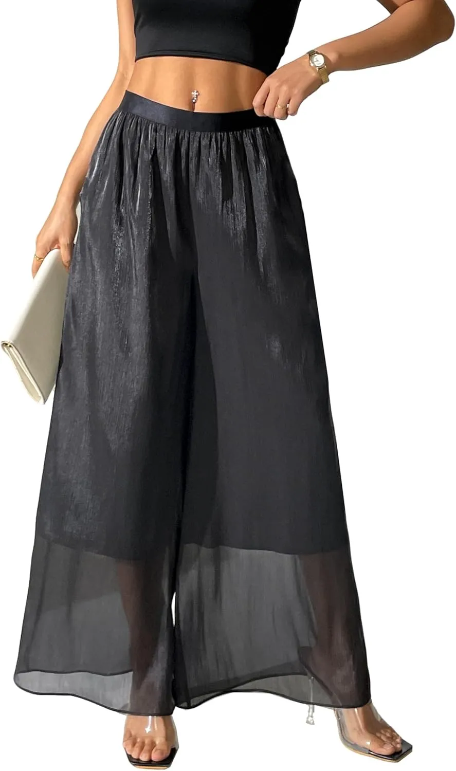 Women's Silky Shiny Wide Leg Palazzo Pants Chiffon Dressy Casual Slacks Trendy Pants
