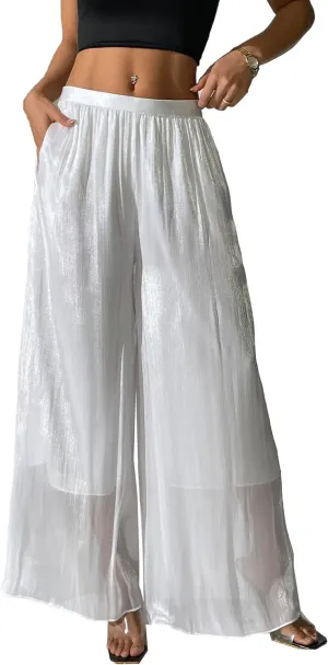 Women's Silky Shiny Wide Leg Palazzo Pants Chiffon Dressy Casual Slacks Trendy Pants