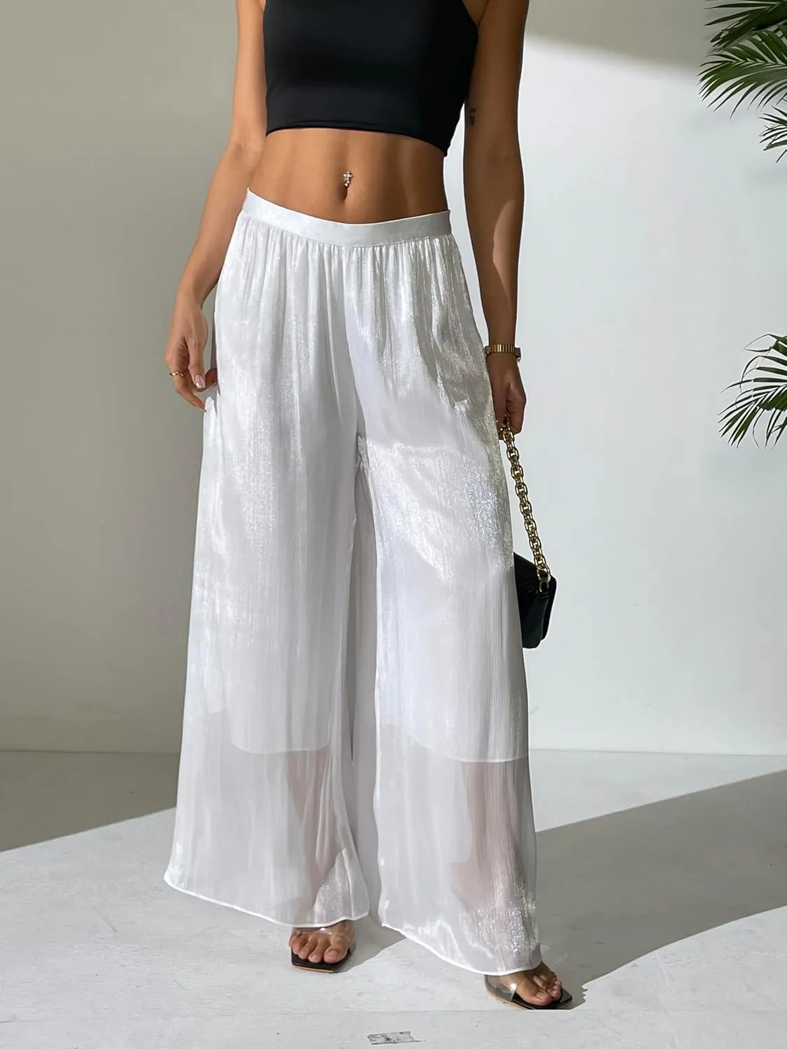 Women's Silky Shiny Wide Leg Palazzo Pants Chiffon Dressy Casual Slacks Trendy Pants