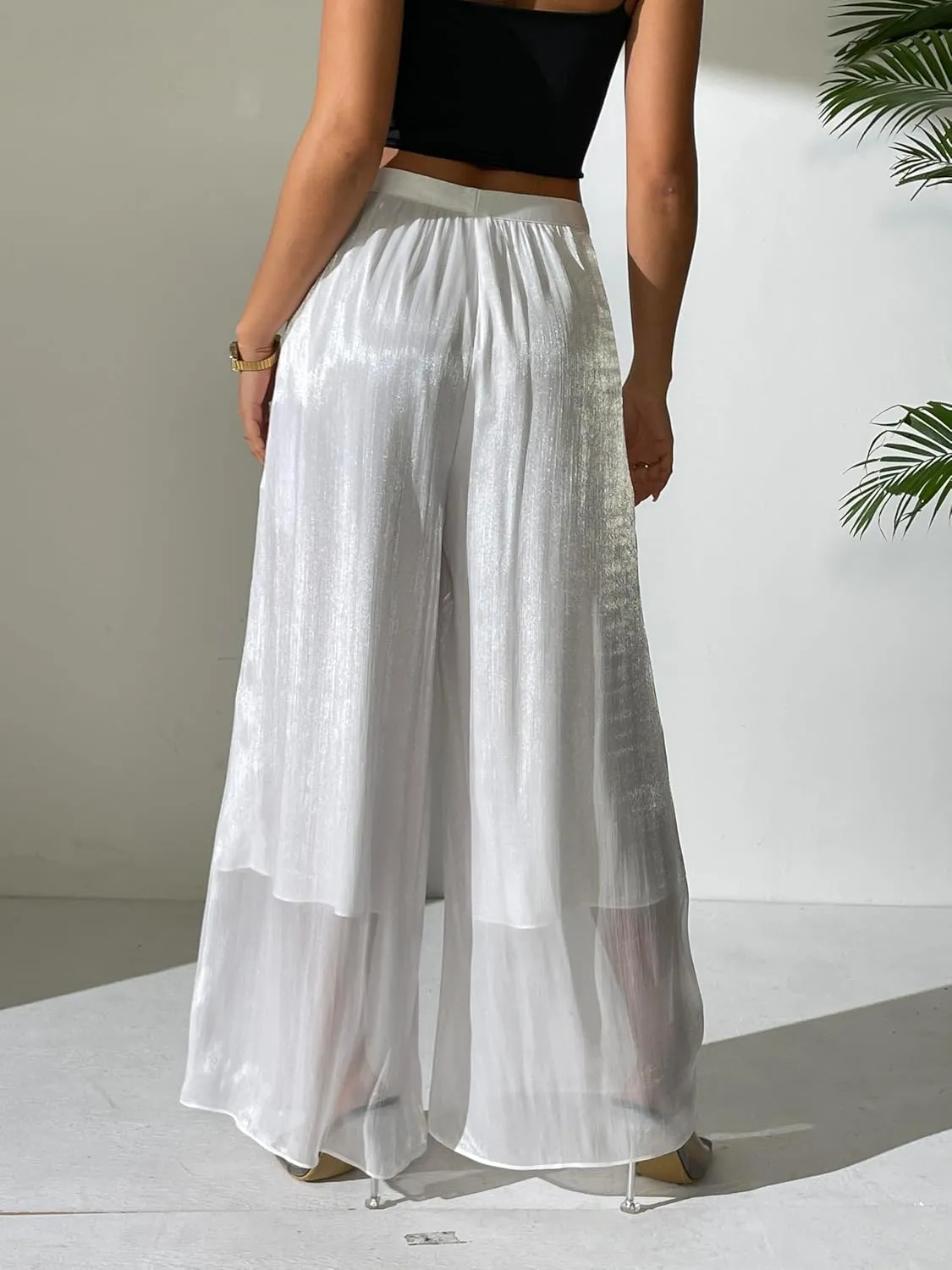 Women's Silky Shiny Wide Leg Palazzo Pants Chiffon Dressy Casual Slacks Trendy Pants