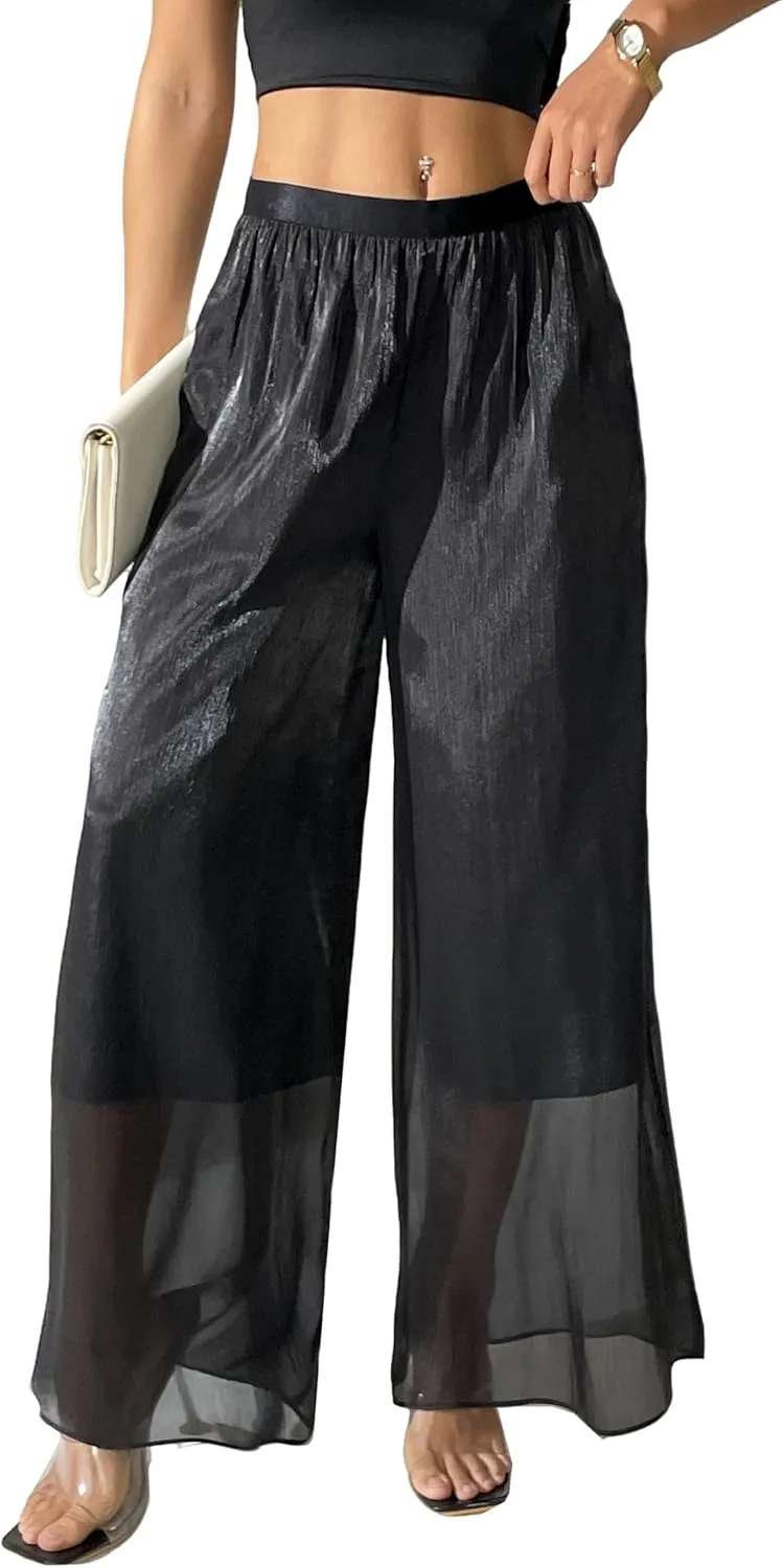 Women's Silky Shiny Wide Leg Palazzo Pants Chiffon Dressy Casual Slacks Trendy Pants
