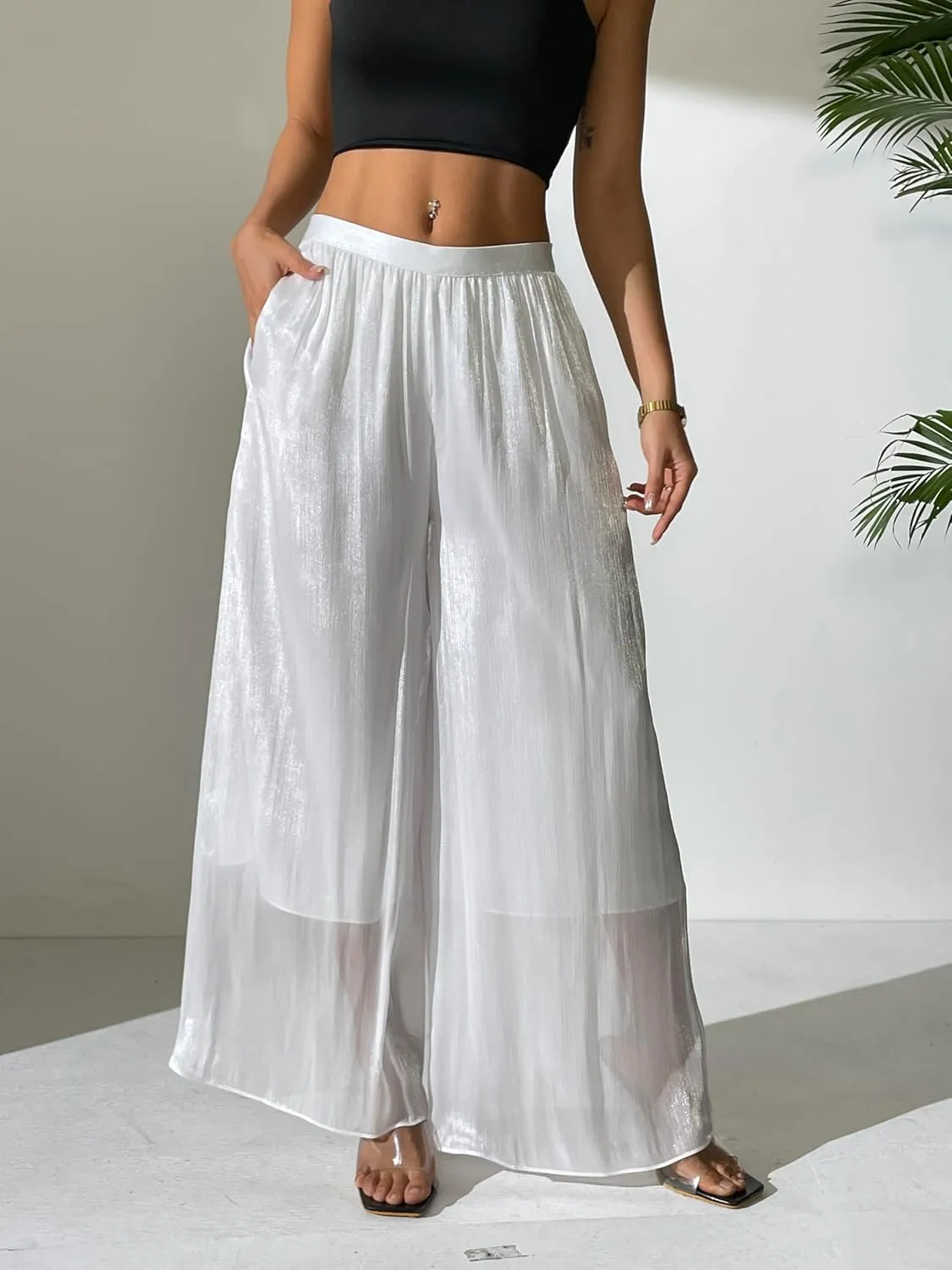 Women's Silky Shiny Wide Leg Palazzo Pants Chiffon Dressy Casual Slacks Trendy Pants