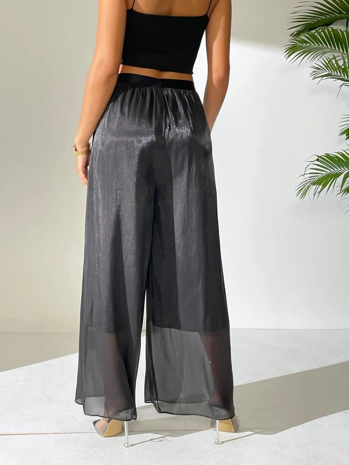 Women's Silky Shiny Wide Leg Palazzo Pants Chiffon Dressy Casual Slacks Trendy Pants
