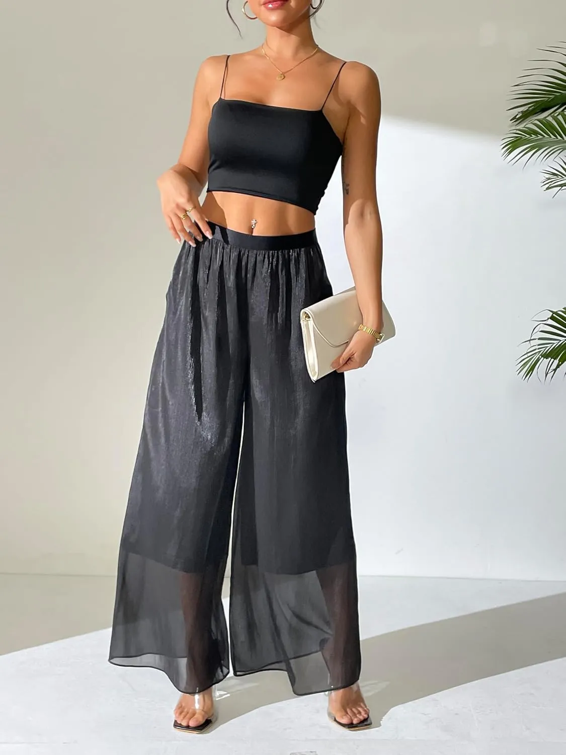 Women's Silky Shiny Wide Leg Palazzo Pants Chiffon Dressy Casual Slacks Trendy Pants