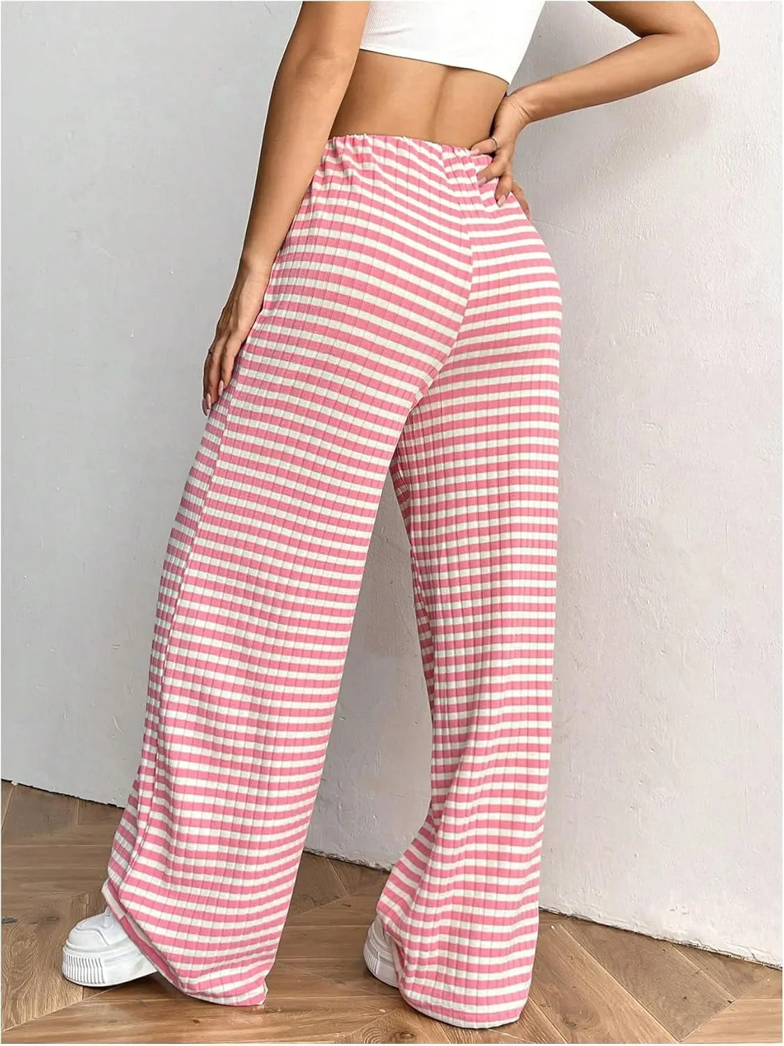 Women's Striped Pants Elastic Waist Knit Pants Wide Leg Pants Baggy Loose Drawstring Palazzo Trousers Lounge Pant