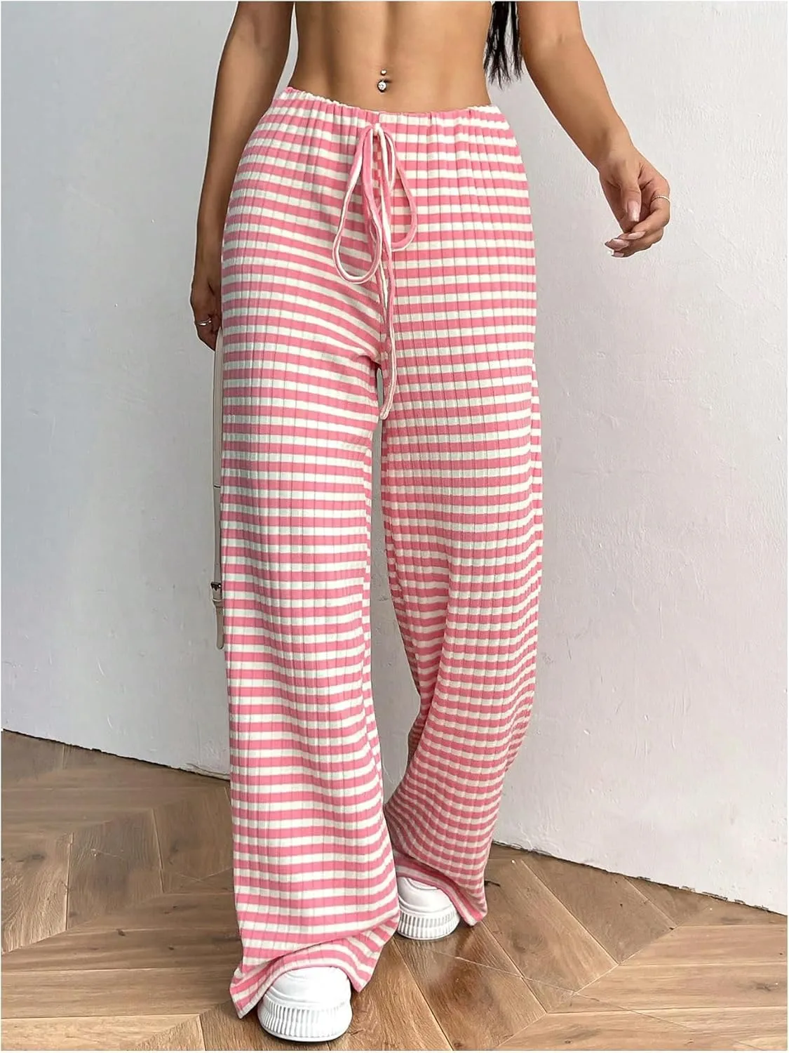 Women's Striped Pants Elastic Waist Knit Pants Wide Leg Pants Baggy Loose Drawstring Palazzo Trousers Lounge Pant
