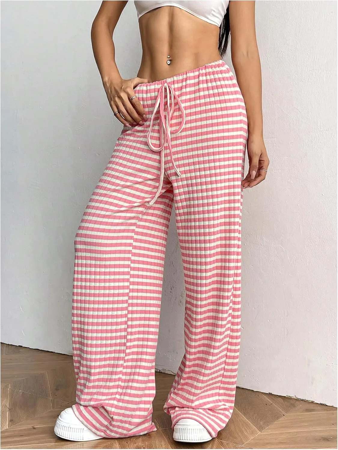 Women's Striped Pants Elastic Waist Knit Pants Wide Leg Pants Baggy Loose Drawstring Palazzo Trousers Lounge Pant