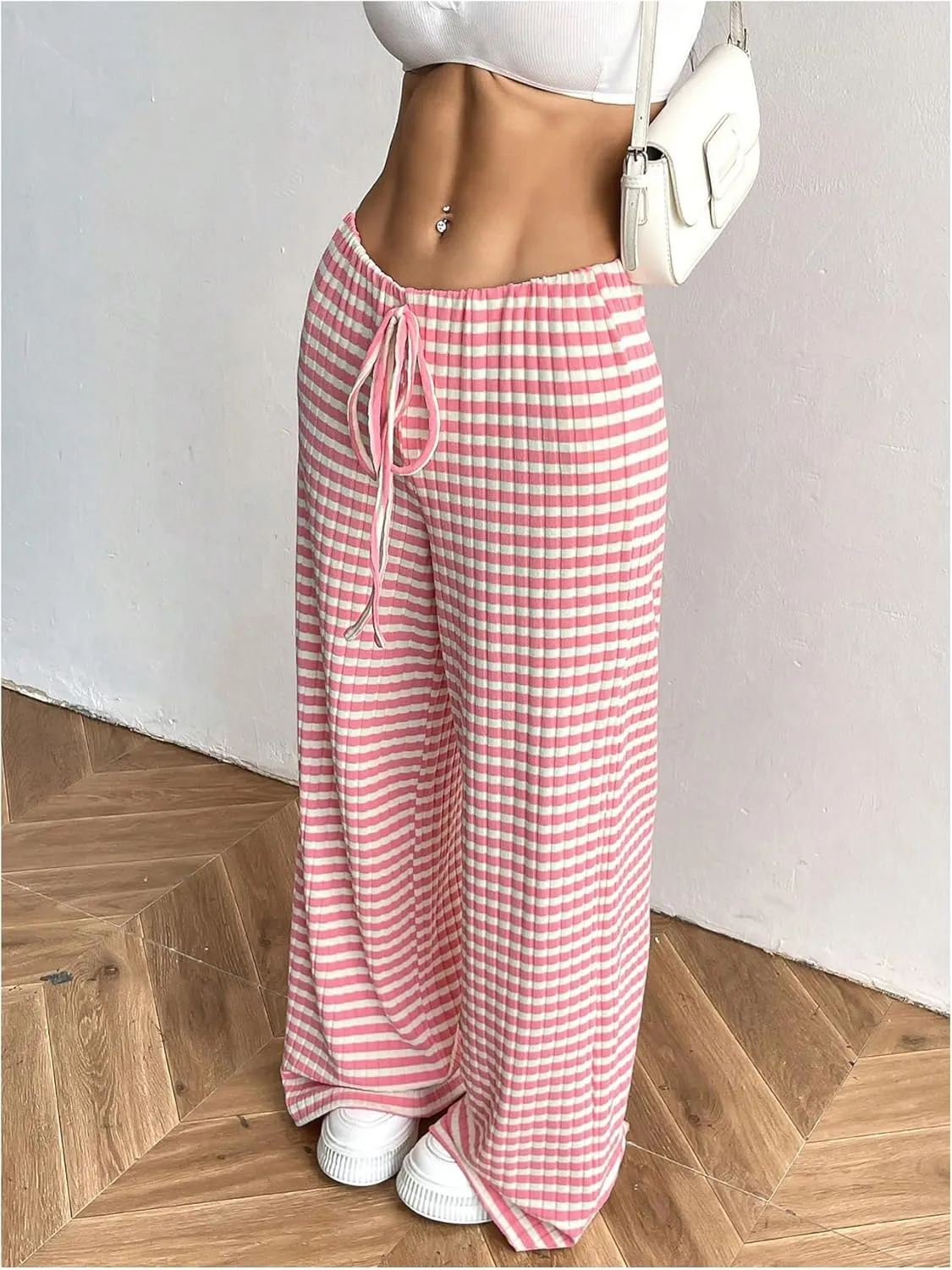 Women's Striped Pants Elastic Waist Knit Pants Wide Leg Pants Baggy Loose Drawstring Palazzo Trousers Lounge Pant