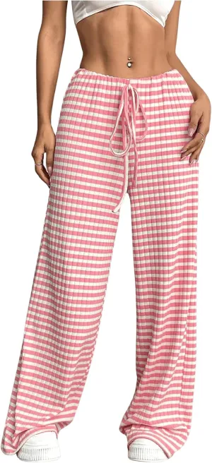 Women's Striped Pants Elastic Waist Knit Pants Wide Leg Pants Baggy Loose Drawstring Palazzo Trousers Lounge Pant